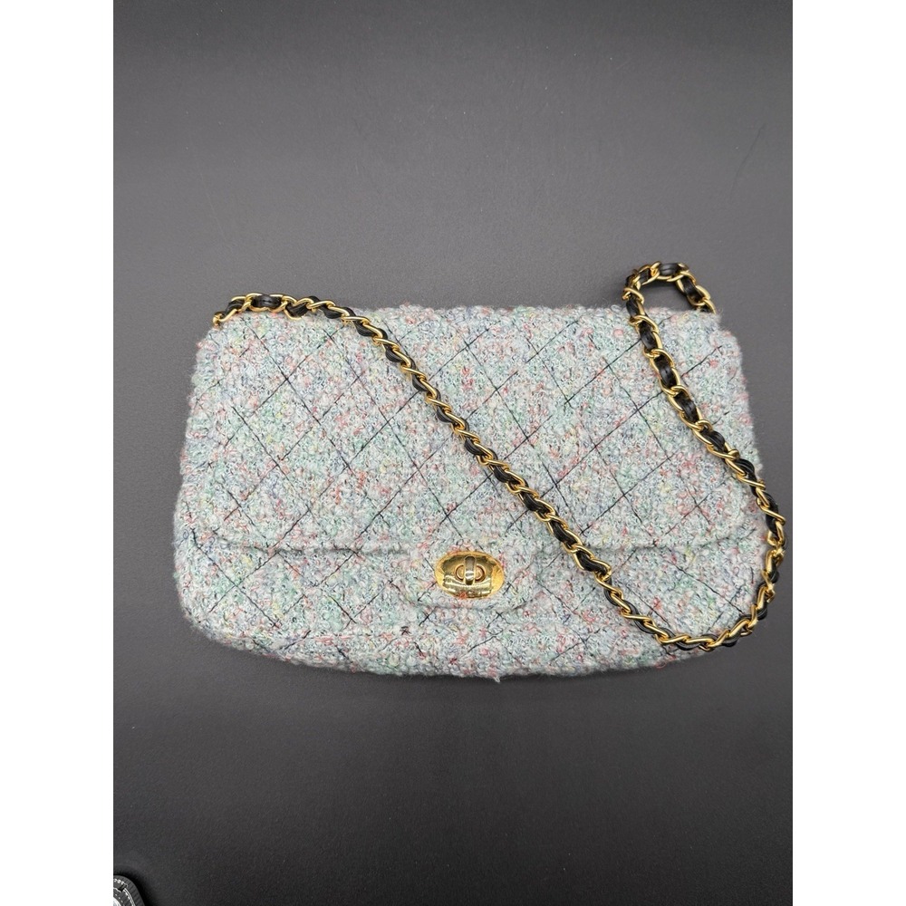 Vintage Diane Gilman Tweed Quilted Shoulder Bag Gold Chain Turn Lock Purse